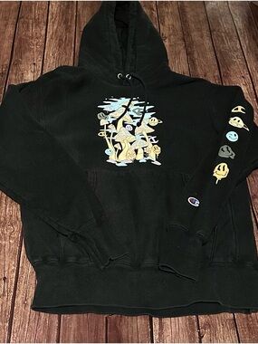 Champion Black Hoodie with Pastel Mushroom & Smiley Graphics